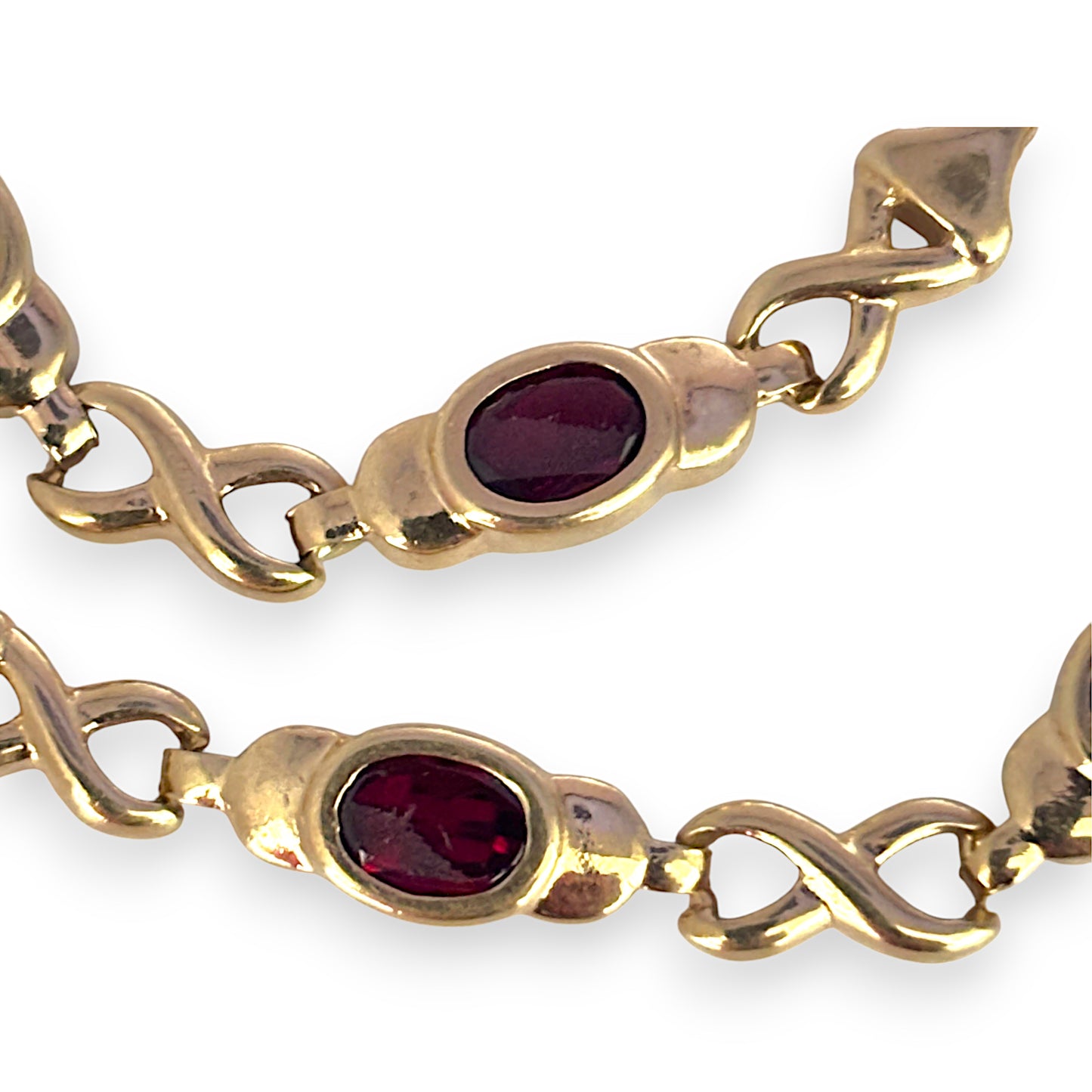 9ct Gold Crossover Link Bracelet with Red Stones. R # 743