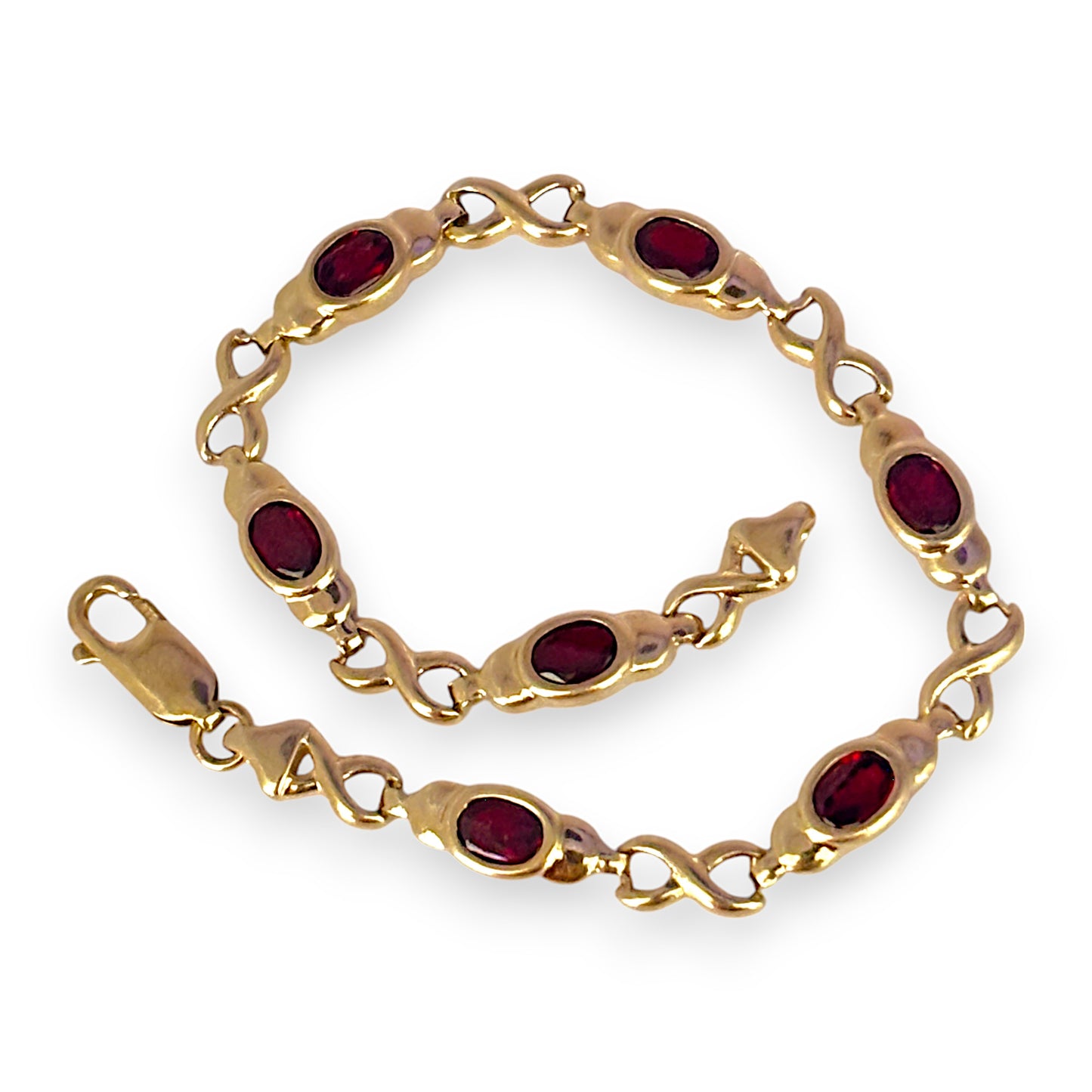 9ct Gold Crossover Link Bracelet with Red Stones. R # 743