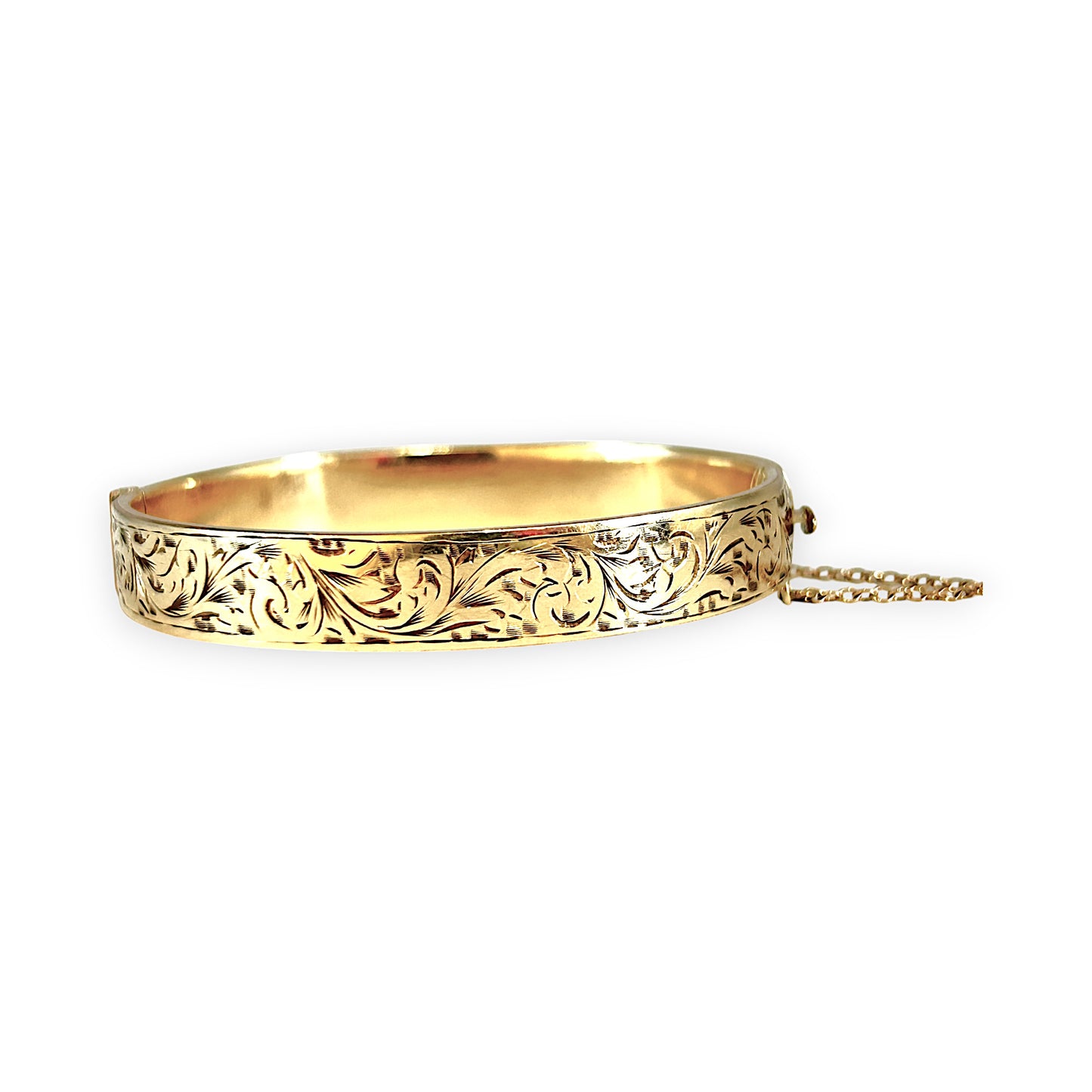 9ct Gold Vintage Engraved Oval Bangle Bracelet with Safety Lock & Chain. R # 922
