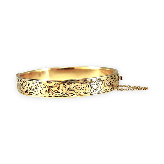 9ct Gold Vintage Engraved Oval Bangle Bracelet with Safety Lock & Chain. R # 922