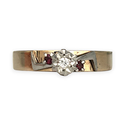 GOLD DEAL | 9ct (9K) Y/W Gold Vintage Diamond & Ruby Trio Ring Size O