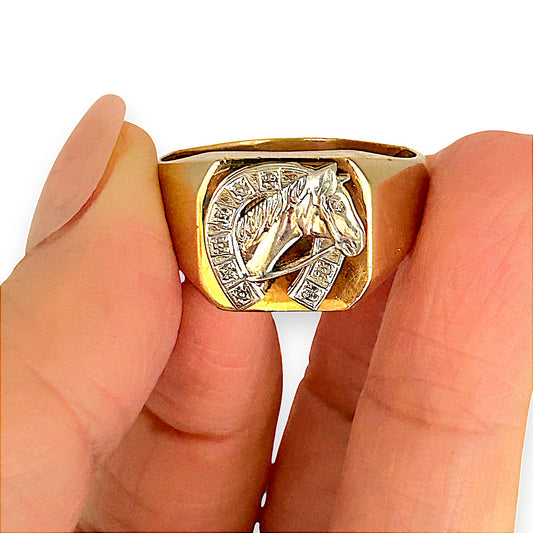 GOLD DEAL | FLASH SALE 9ct (9K) Y/W Two Tone Gold Stallion Crest Ring Size X