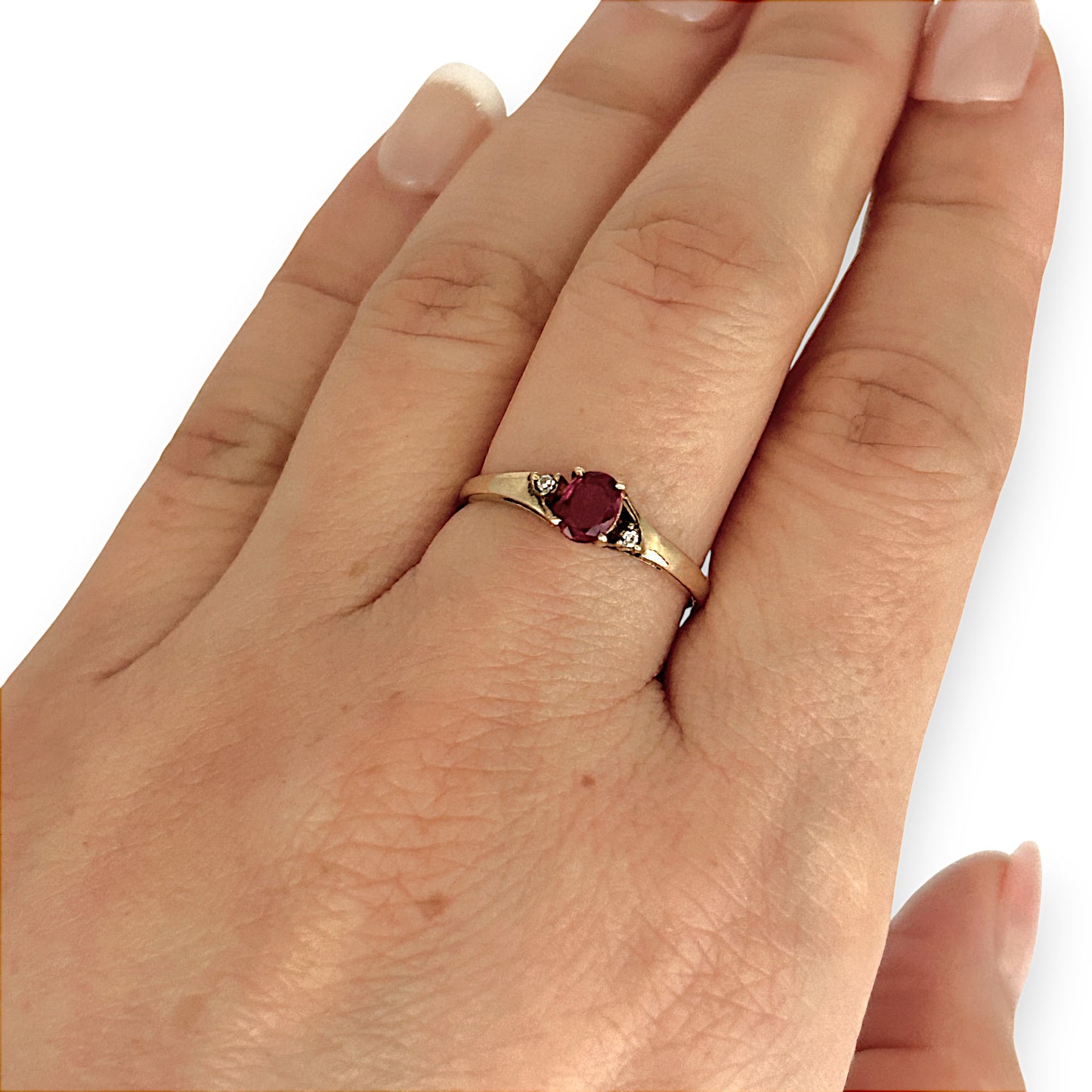 GOLD DEAL | 9ct (9K) Gold Timeless Ruby & Diamond Trio Ring Size N 1/2