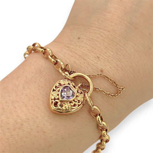 NZGD | 9ct Gold Vintage Violet Padlock Charm Bracelet 18cm