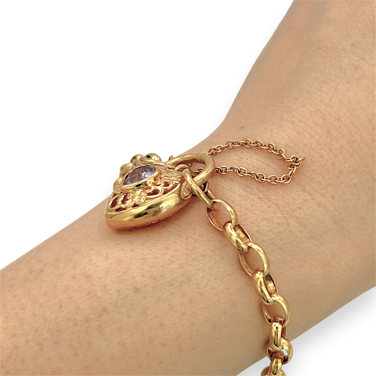 NZGD | 9ct Gold Vintage Violet Padlock Charm Bracelet 18cm
