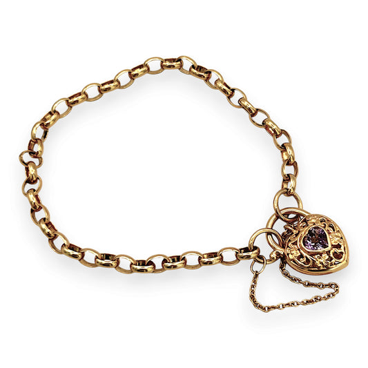 NZGD | 9ct Gold Vintage Violet Padlock Charm Bracelet 18cm