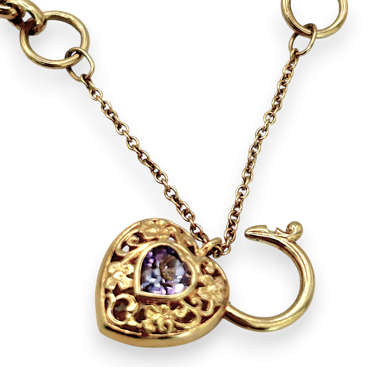NZGD | 9ct Gold Vintage Violet Padlock Charm Bracelet 18cm