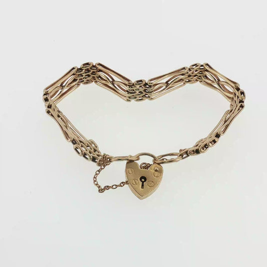NZGD | 9ct Gold Bar Gate Link Bracelet with Heart Padlock 18cm